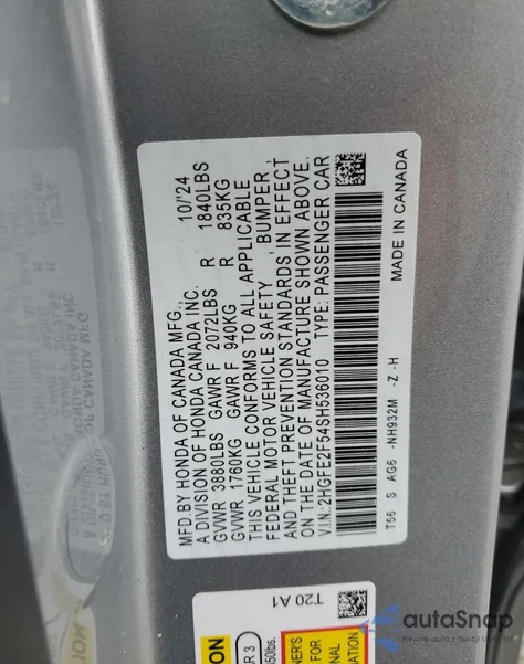2025 Honda Civic Sport z USA, uszkodzony, nr VIN 2HGFE2F54SH536010